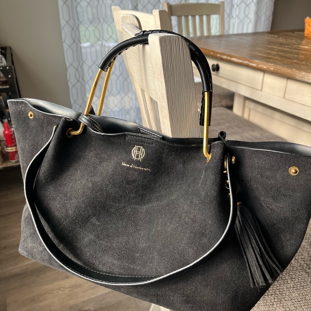 Black Suede Tote Bag with Gold Accents